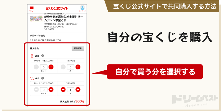 宝くじ公式サイトで共同購入する方法「　自分の宝くじを購入」