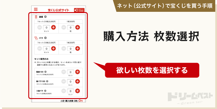 ネット（公式サイト）で宝くじを買う手順「購入方法 枚数選択」
