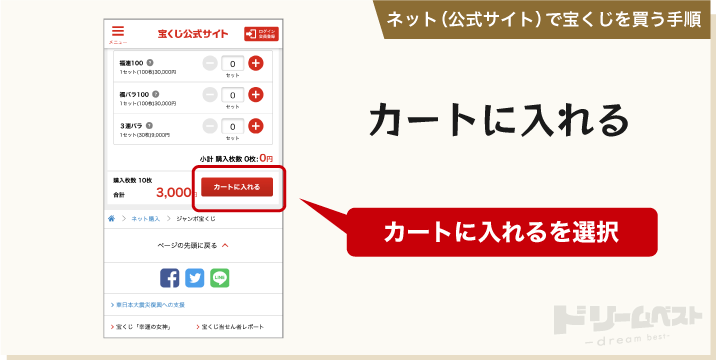 ネット（公式サイト）で宝くじを買う手順「カートに入れる」