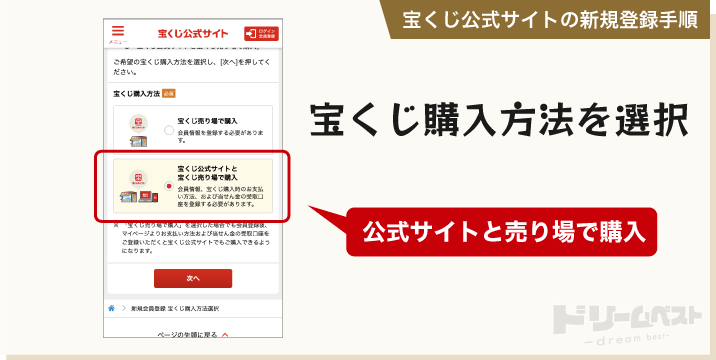 宝くじ公式サイトに登録する手順「宝くじ購入方法を選択」