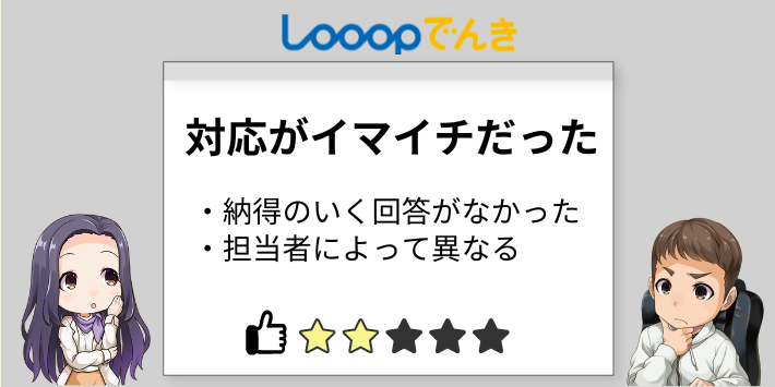 対応がイマイチだった
・納得のいく回答がなかった
・担当者によって異なる