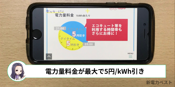 オール電化プランの電力量料金は、大手電力会社より最大で5円/kWh安い