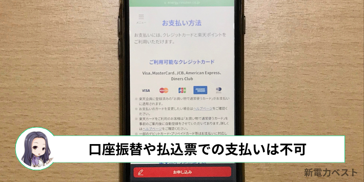 楽天でんきの支払い方法はクレジットカードのみ