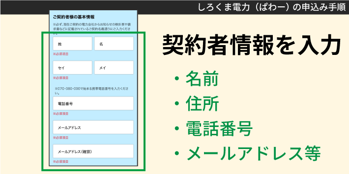 しろくま電力（ぱわー）の申込み手順「契約者情報を入力」