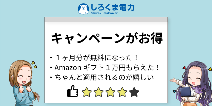 しろくま電力（ぱわー）の評判口コミ「キャンペーンがお得」